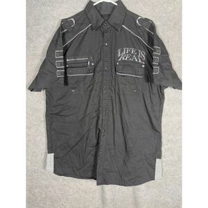 Blac Label Premium Mens Black Life Is Real Short Sleeve Utility Shirt XL Skull